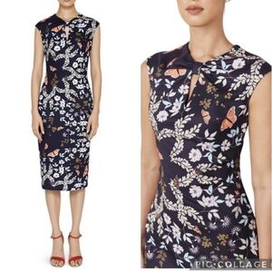 TED BAKER Kairra Kyoto Gardens Midi Dress Butterfly Floral Bow-Neck Mid Blue 4